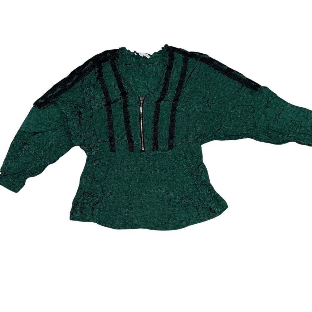 Koche Collective Emerald Green Lace Trim Half Zip Textured Blouse Womens‎ 44